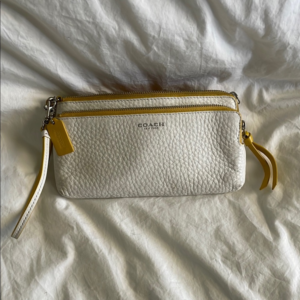 Coach White and Yellow Leather Wristlet with Gold Zipper